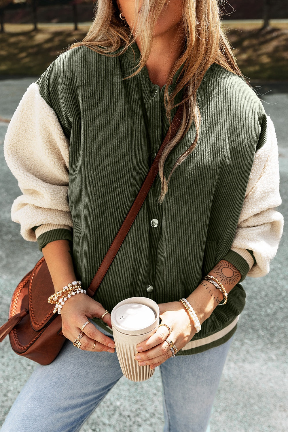 Contrast Baseball Collar Snap Down Long Sleeve Jacket - Charming Charlie