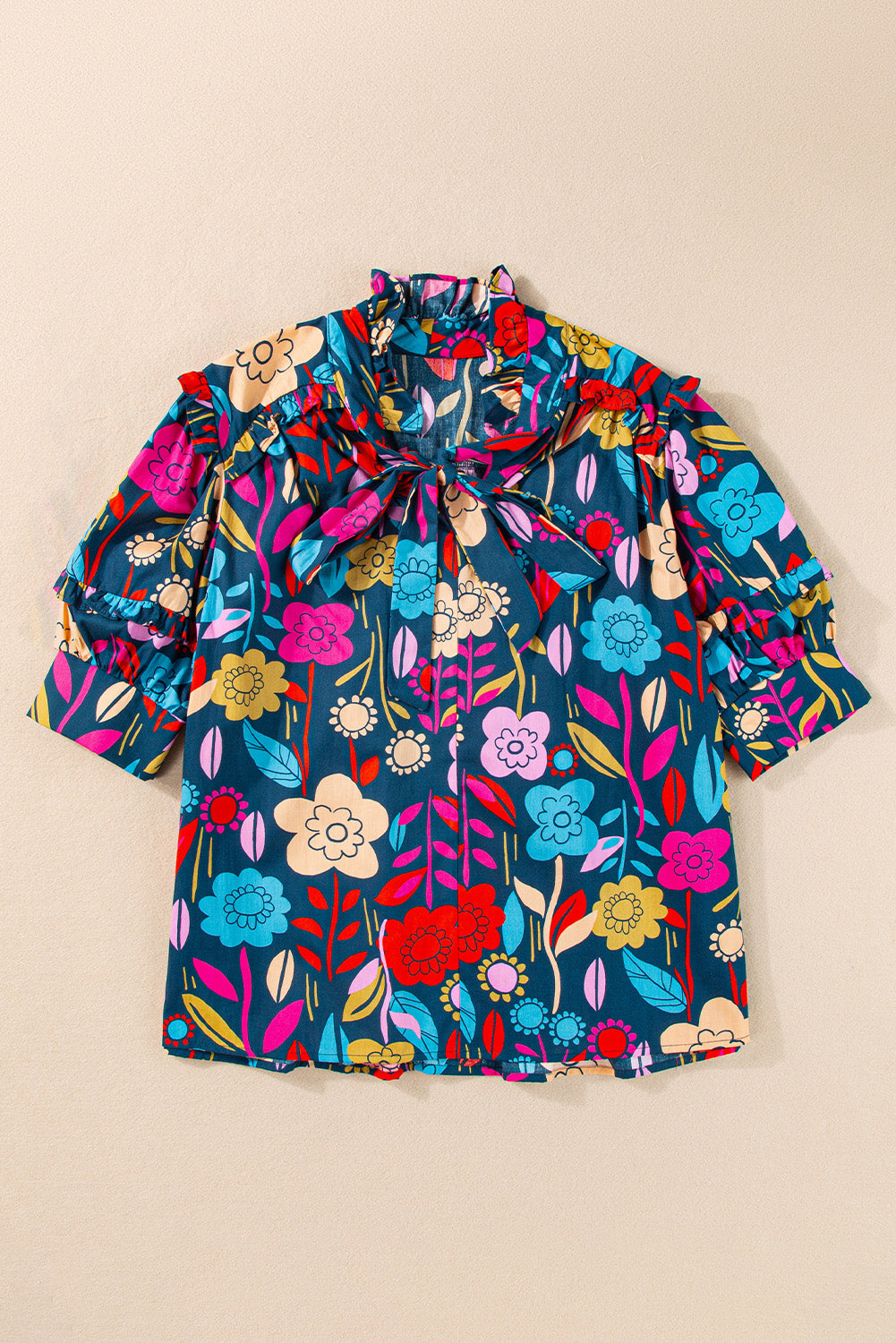 Printed Tie Neck Half Sleeve Blouse - Charming Charlie