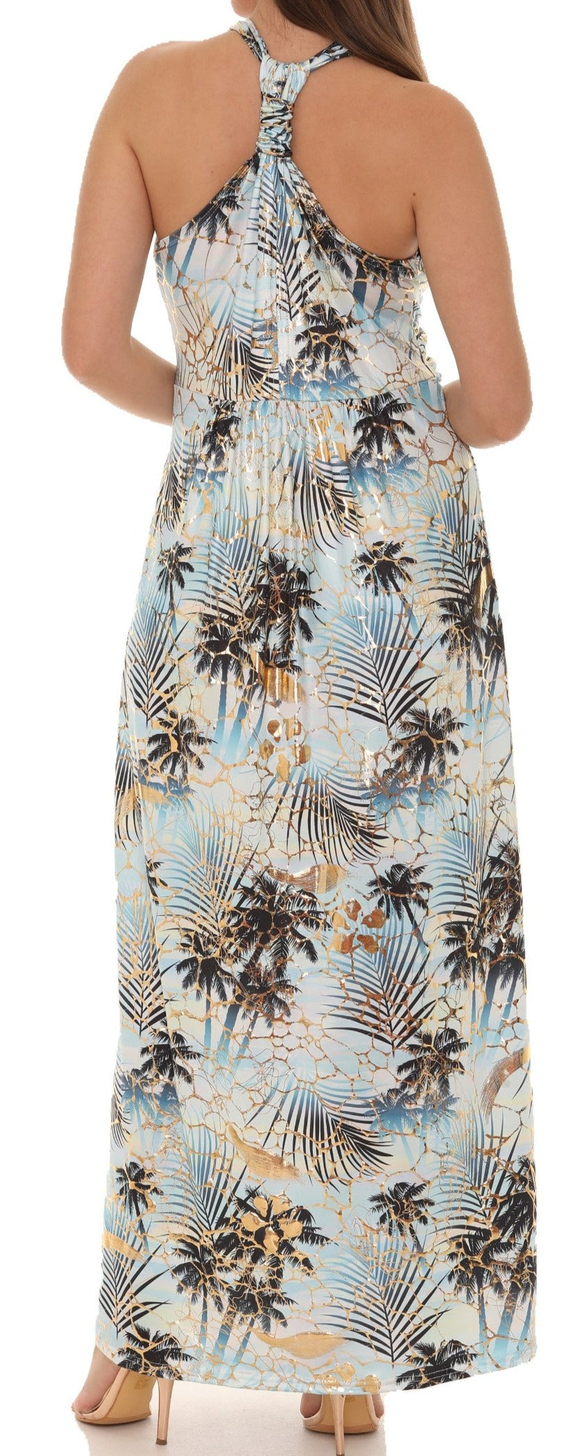 Palm Leaf Gold Foil Print Halter Maxi Dress - Charming Charlie