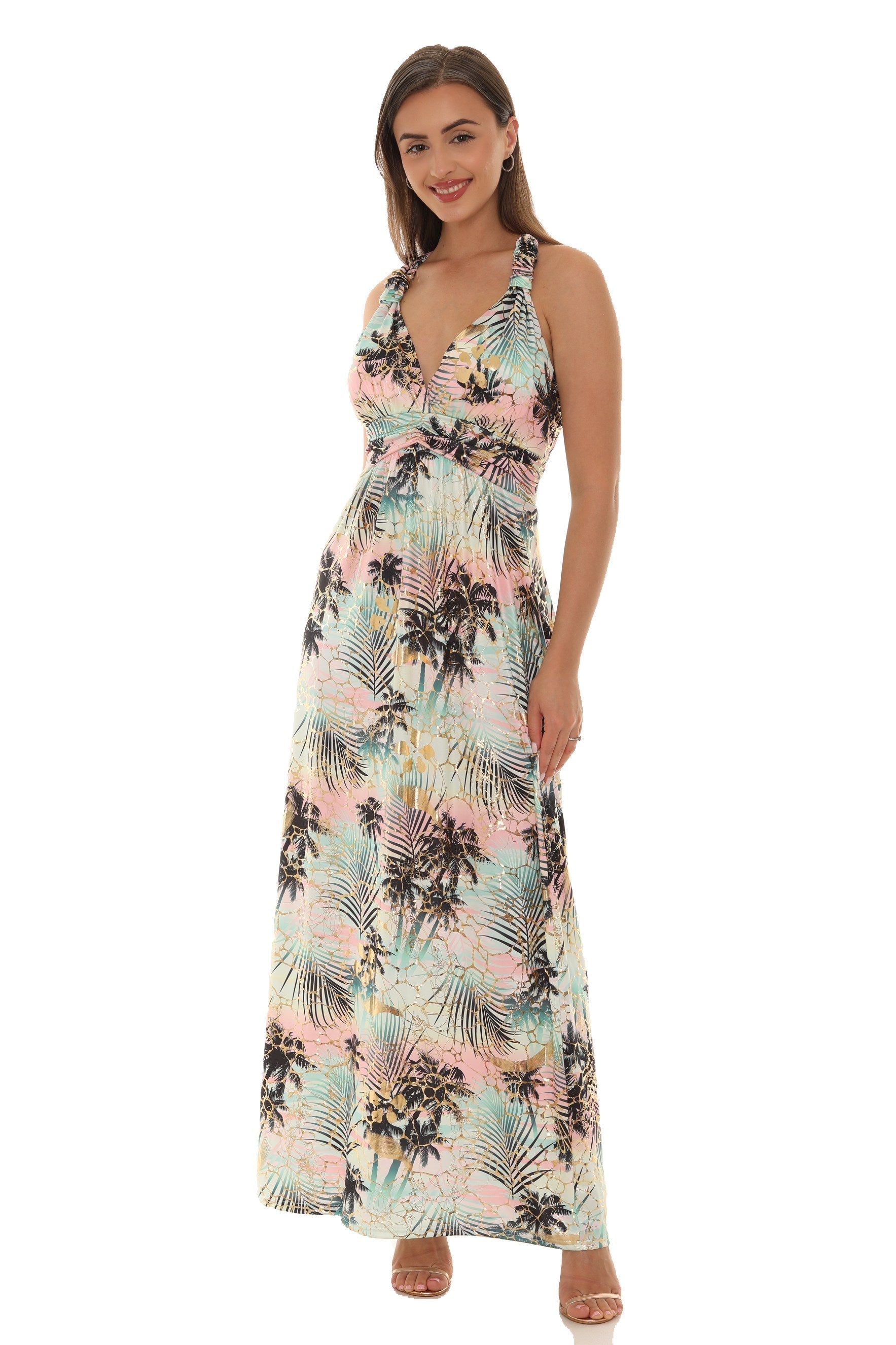 Palm Leaf Gold Foil Print Halter Maxi Dress - Charming Charlie