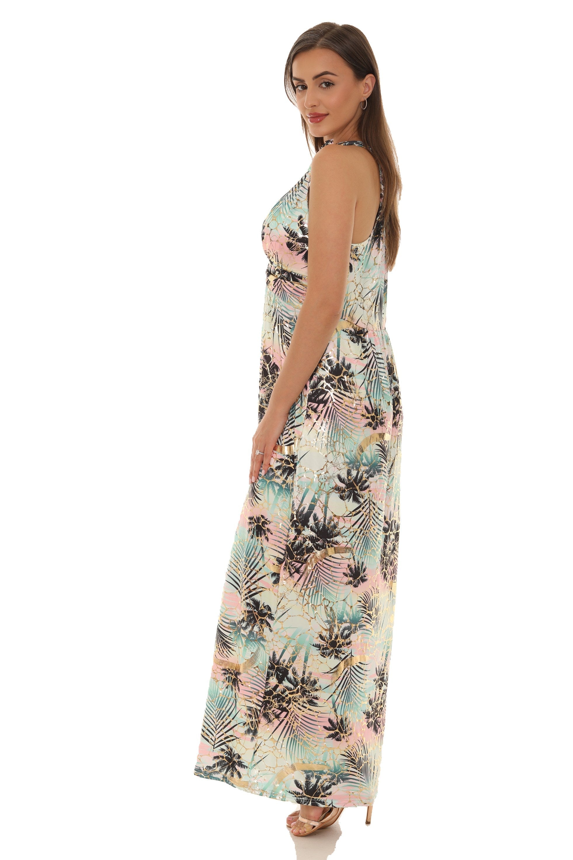 Palm Leaf Gold Foil Print Halter Maxi Dress - Charming Charlie