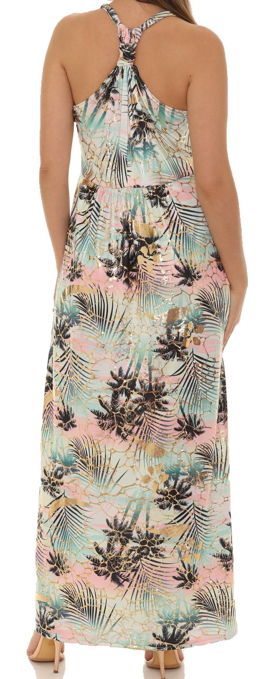 Palm Leaf Gold Foil Print Halter Maxi Dress - Charming Charlie