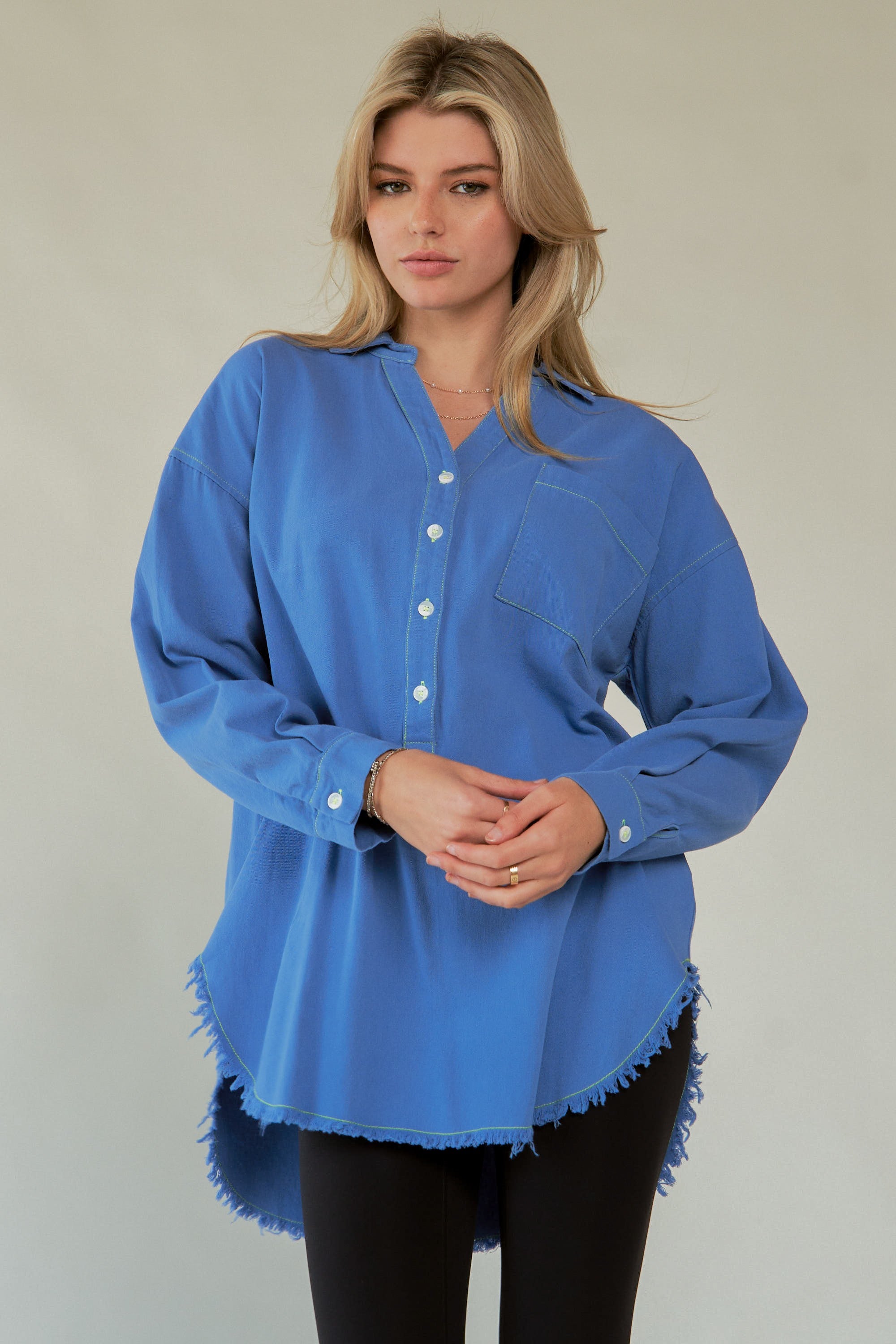 Davi & Dani Letter Back Raw Hem Half Button Shirt - Charming Charlie
