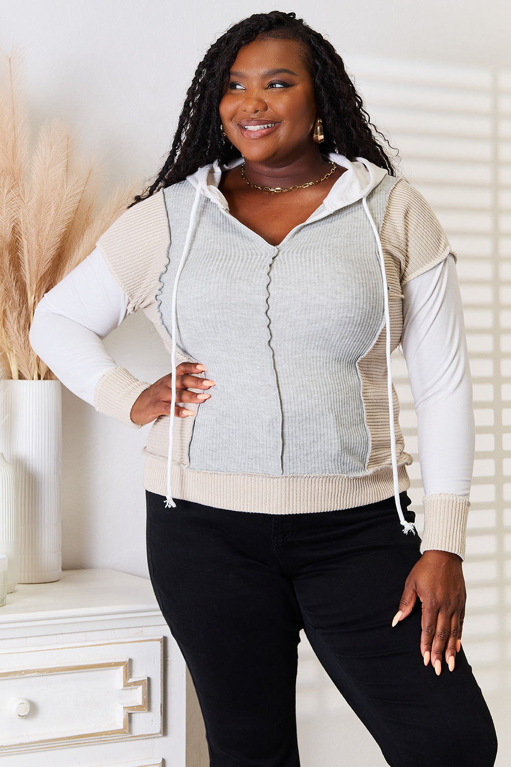 Double Take Color Block Exposed Seam Drawstring Hoodie - Charming Charlie