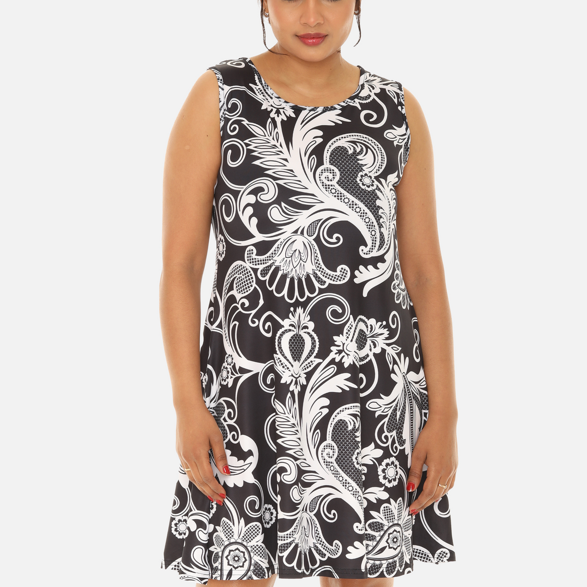 Black and White Floral Print Midi Women's Dress XL / Black