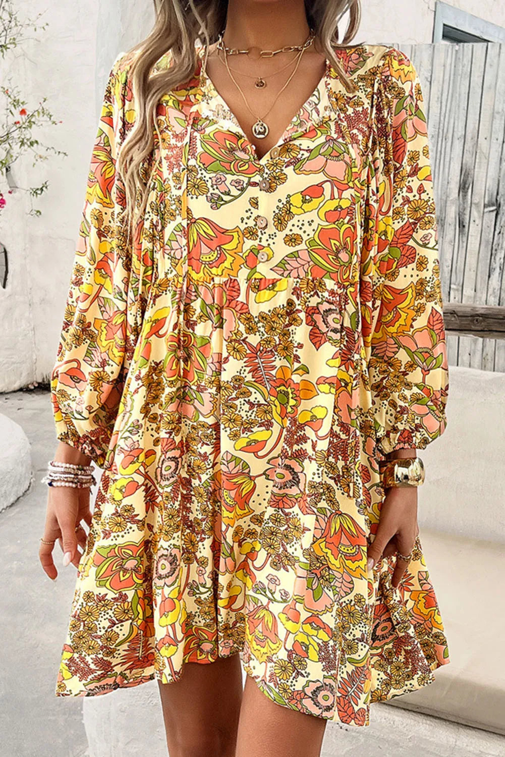 Printed Tie Neck Balloon Sleeve Mini Dress - Charming Charlie