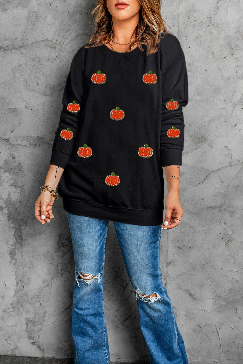 Pumpkin Round Neck Long Sleeve Sweatshirt - Charming Charlie