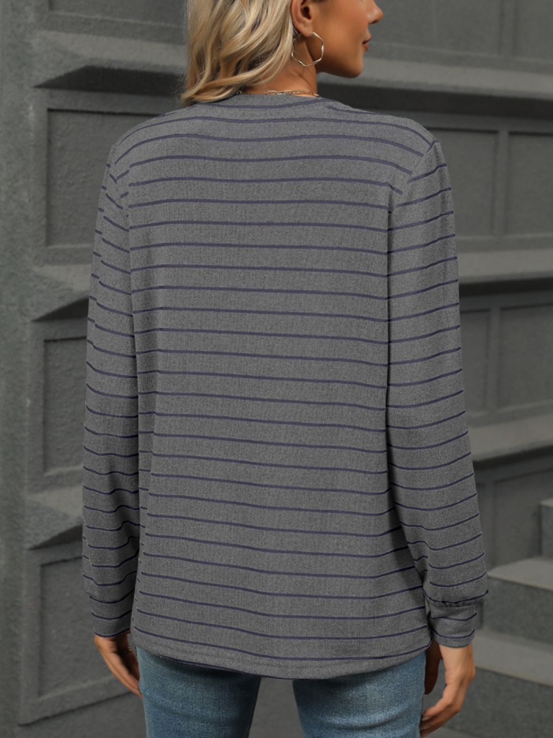 Striped Notched Long Sleeve T-Shirt - Charming Charlie