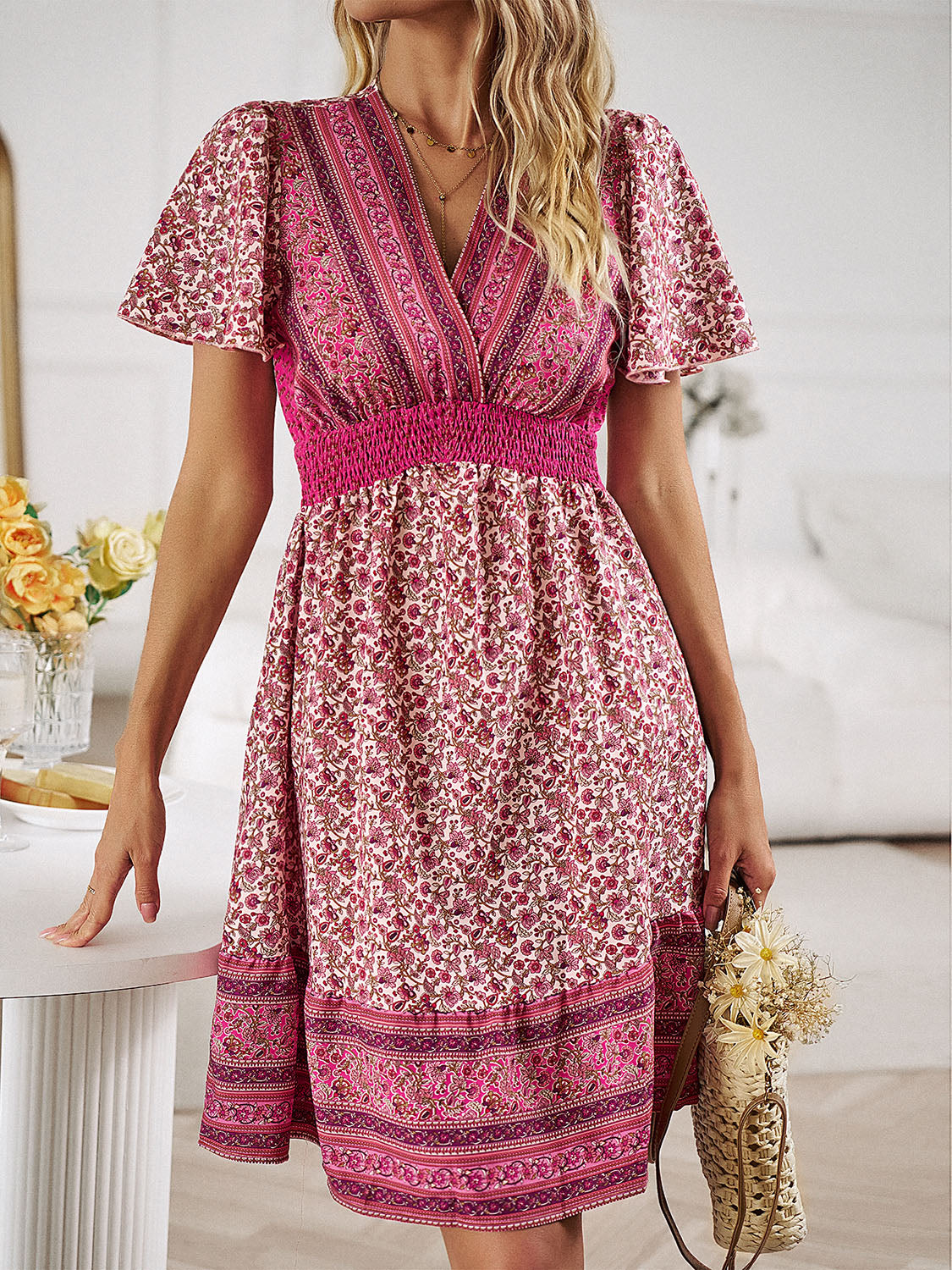Floral Smocked Waist Short Sleeve Mini Dress - Charming Charlie