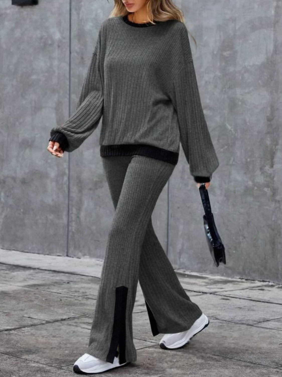 Contrast Round Neck Long Sleeve Top and Bootcut Pants Set - Charming Charlie