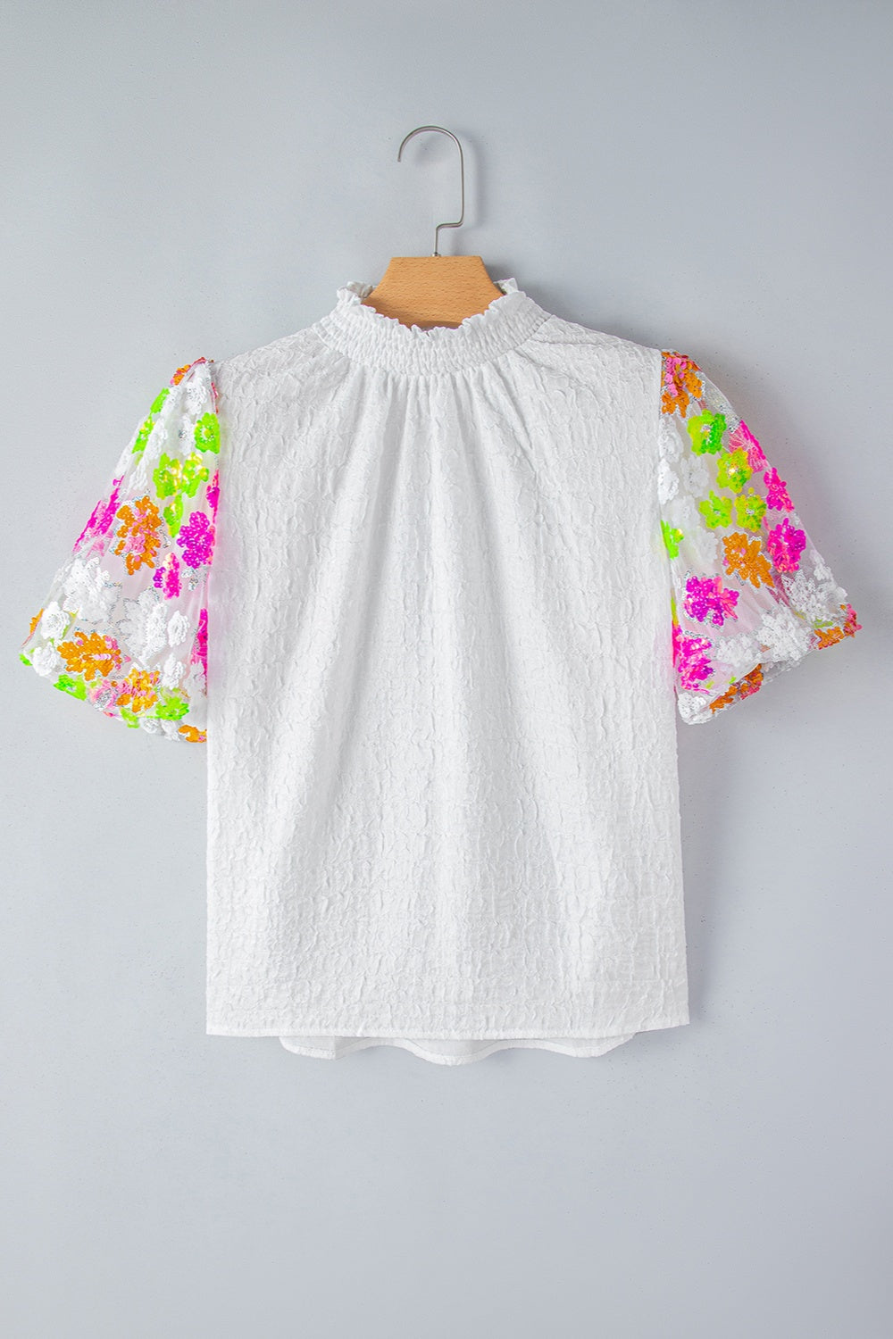 Sequin Flower Mock Neck Half Sleeve Blouse - Charming Charlie