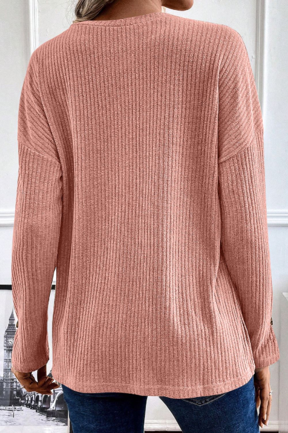 Quarter Button Round Neck Dropped Shoulder Knit Top - Charming Charlie