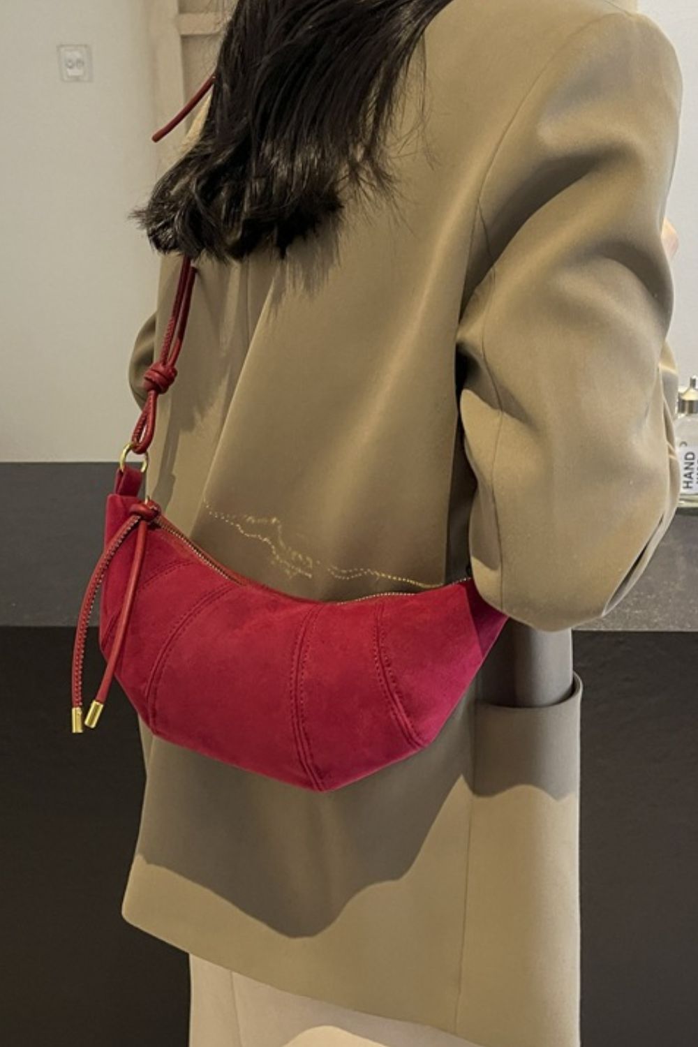 PU Leather Strap Suede Shoulder Bag - Charming Charlie