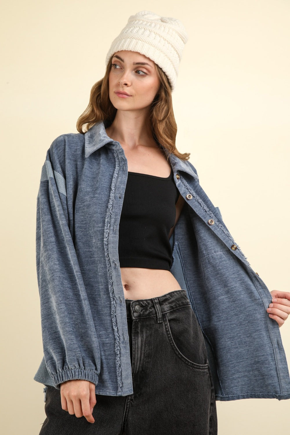 VERY J Mixed Media Button Down Raw Hem Shacket - Charming Charlie