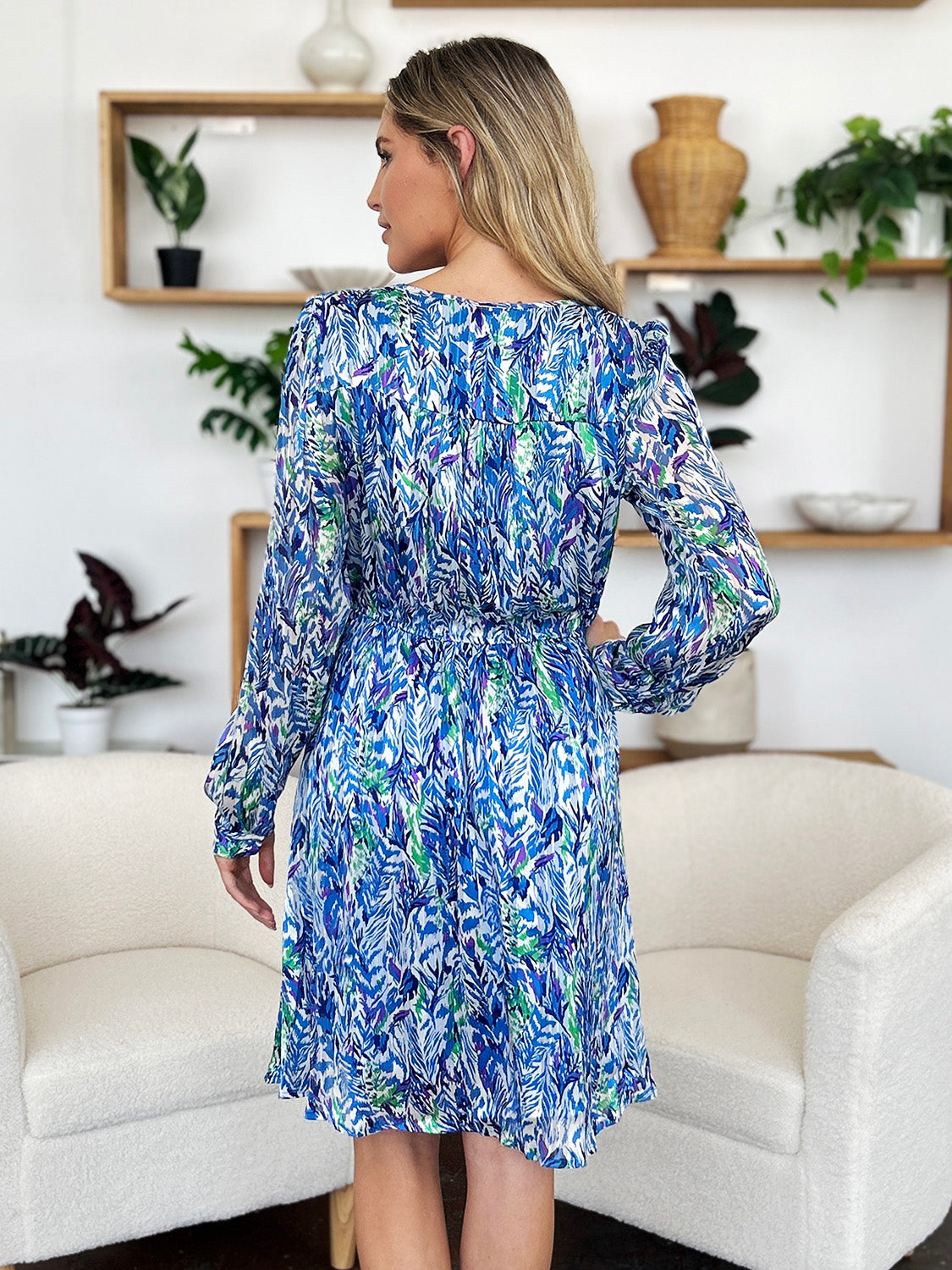 Double Take Full Size Printed Drawstring Waist Long Sleeve Dress - Charming Charlie