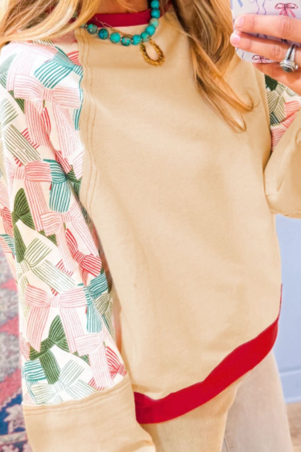Printed Round Neck Long Sleeve Sweatshirt - Charming Charlie