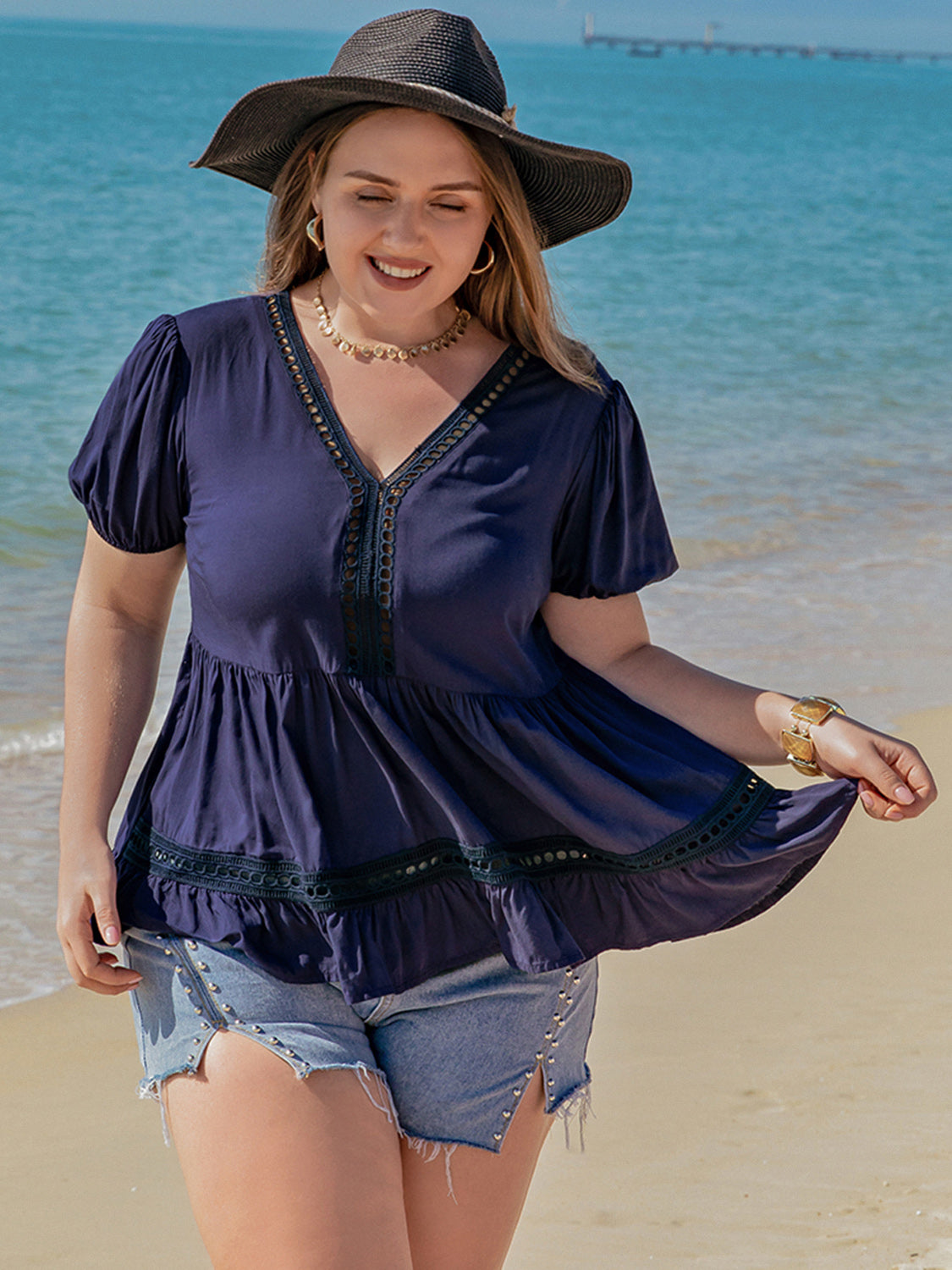 Plus Size Peplum V-Neck Short Sleeve Blouse - Charming Charlie