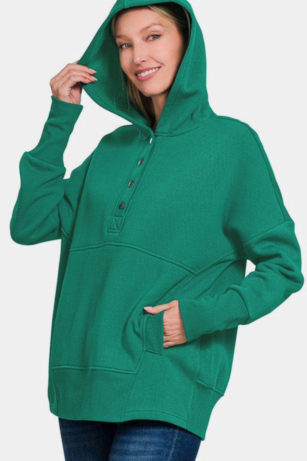 Zenana Half Snap Long Sleeve Hoodie with Kangaroo Pocket - Charming Charlie