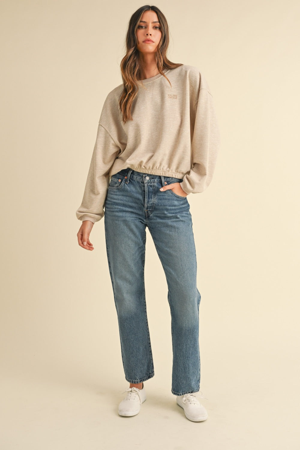 Mable Round Neck Letter Embroidery Crop Sweatshirt - Charming Charlie