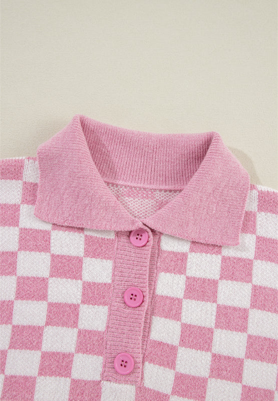 Checkered Collared Neck Long Sleeve Sweater - Charming Charlie