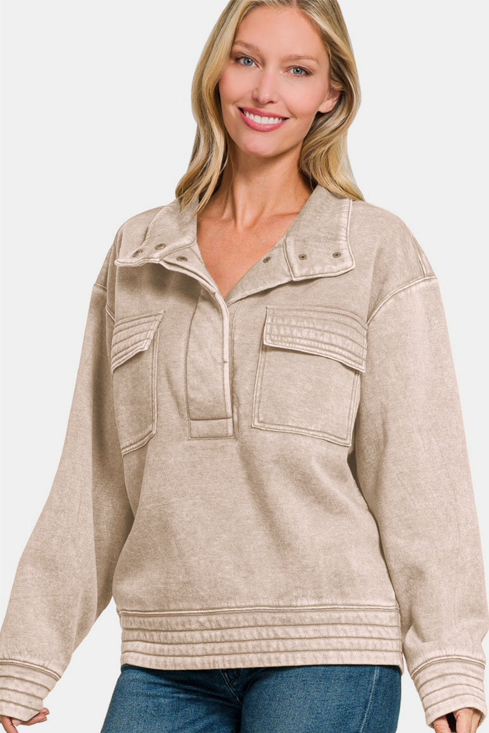 Zenana Acid Washed Half Snap Fleece Sweatshirt - Charming Charlie