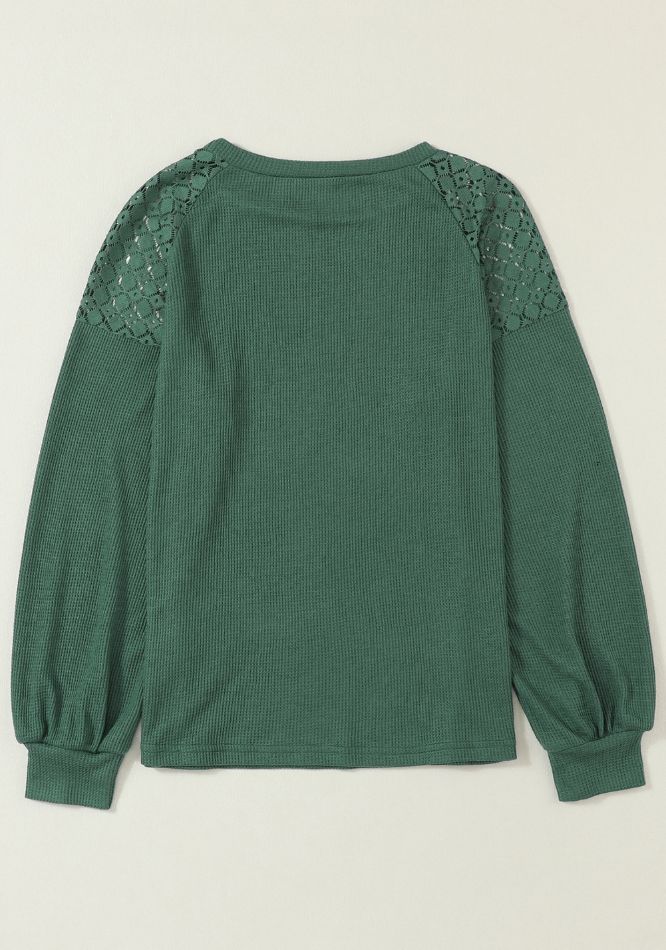 Lace Detail Round Neck Lantern Sleeve Top - Charming Charlie