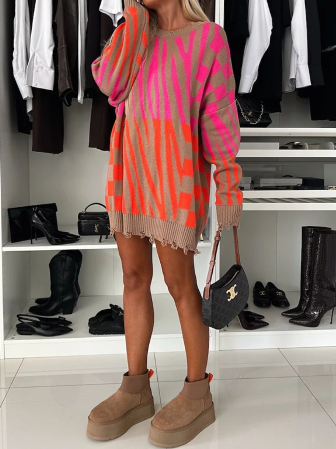 Contrast Round Neck Long Sleeve Oversize Sweater - Charming Charlie