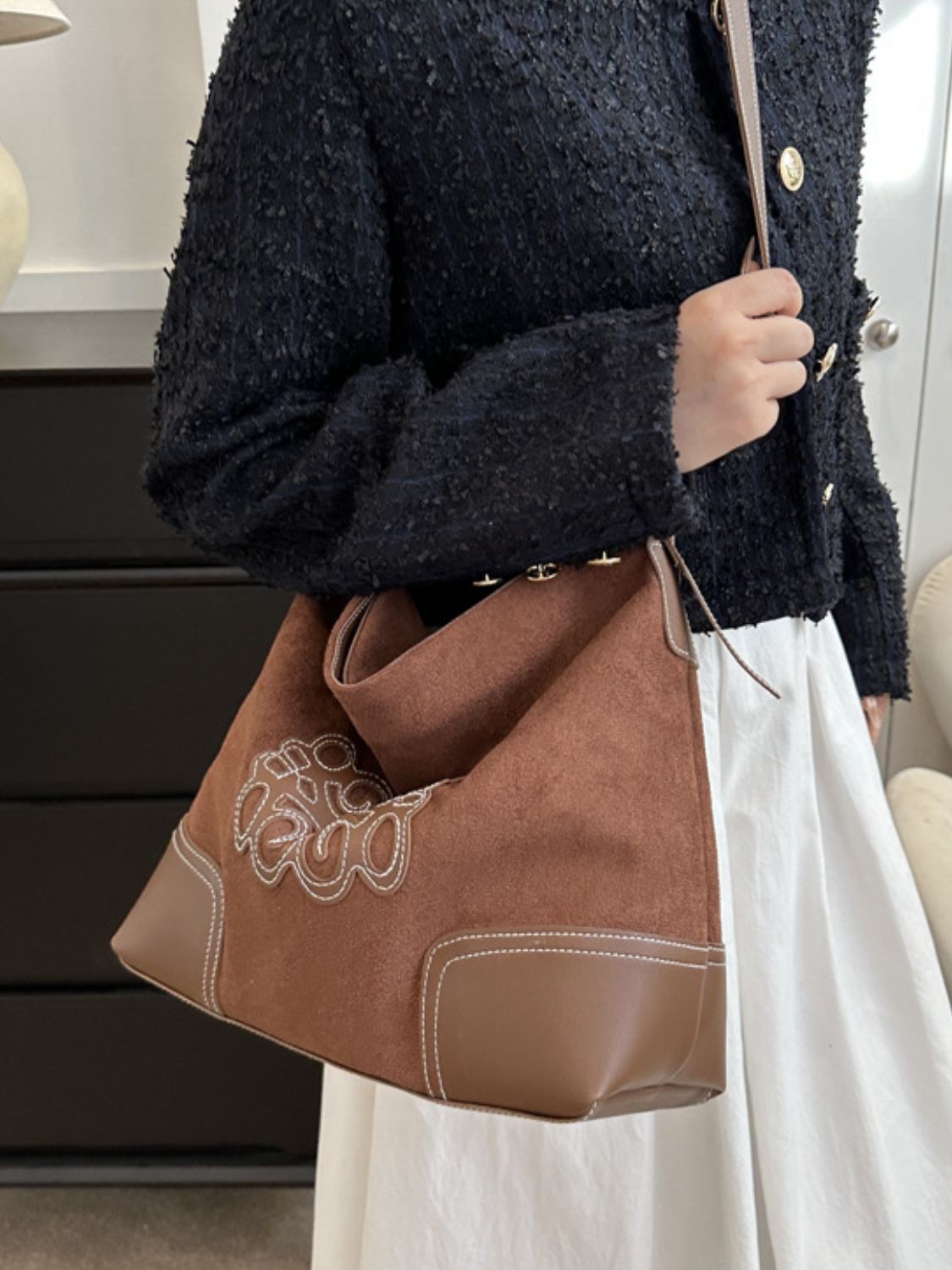 Suede Patch Adjustable Strap Tote Bag - Charming Charlie