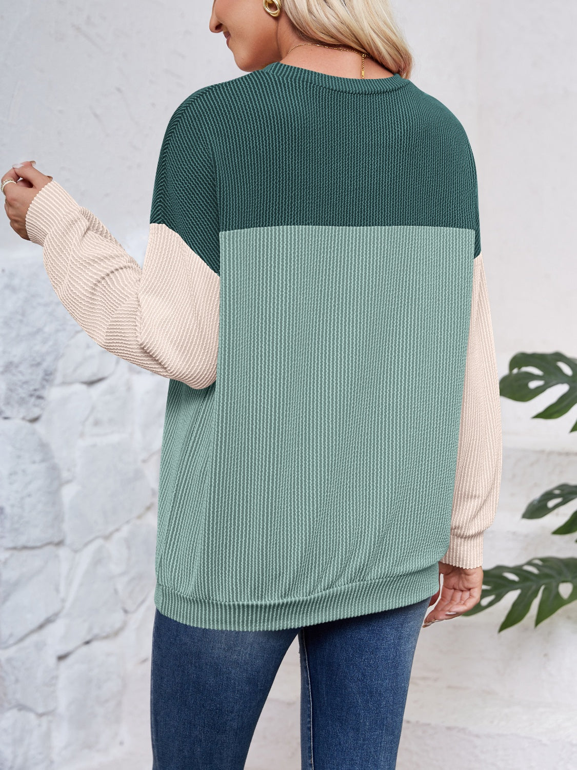 Color Block Round Neck Long Sleeve Sweatshirt - Charming Charlie