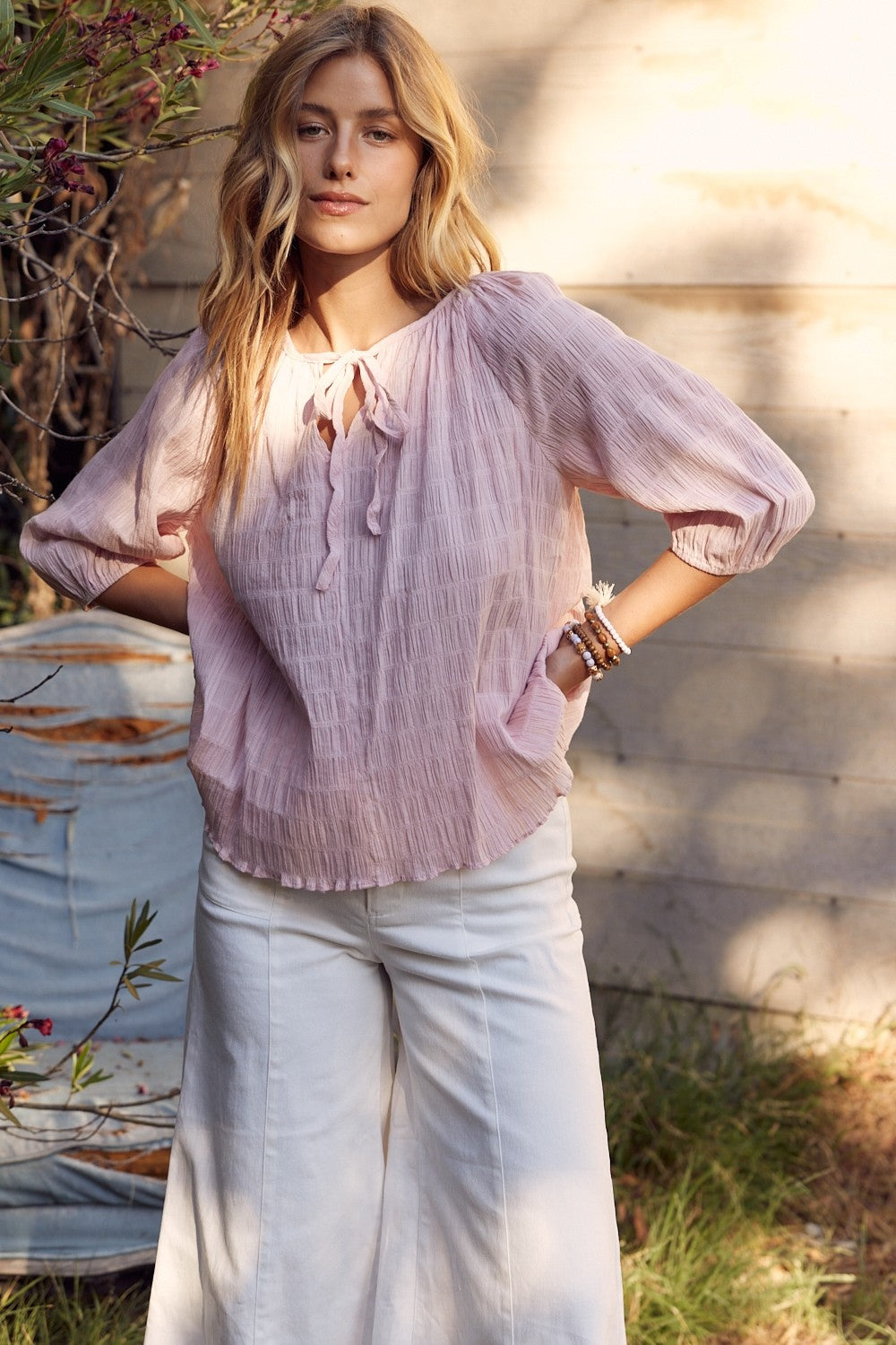 In February Textured Tie Neck Blouse - Charming Charlie