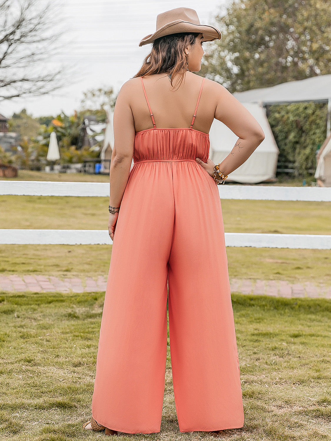 Plus Size Lace Detail Spaghetti Strap Wide Leg Jumpsuit - Charming Charlie