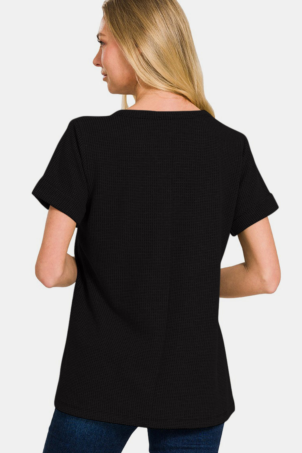 Zenana Notched Short Sleeve Waffle T-Shirt - Charming Charlie