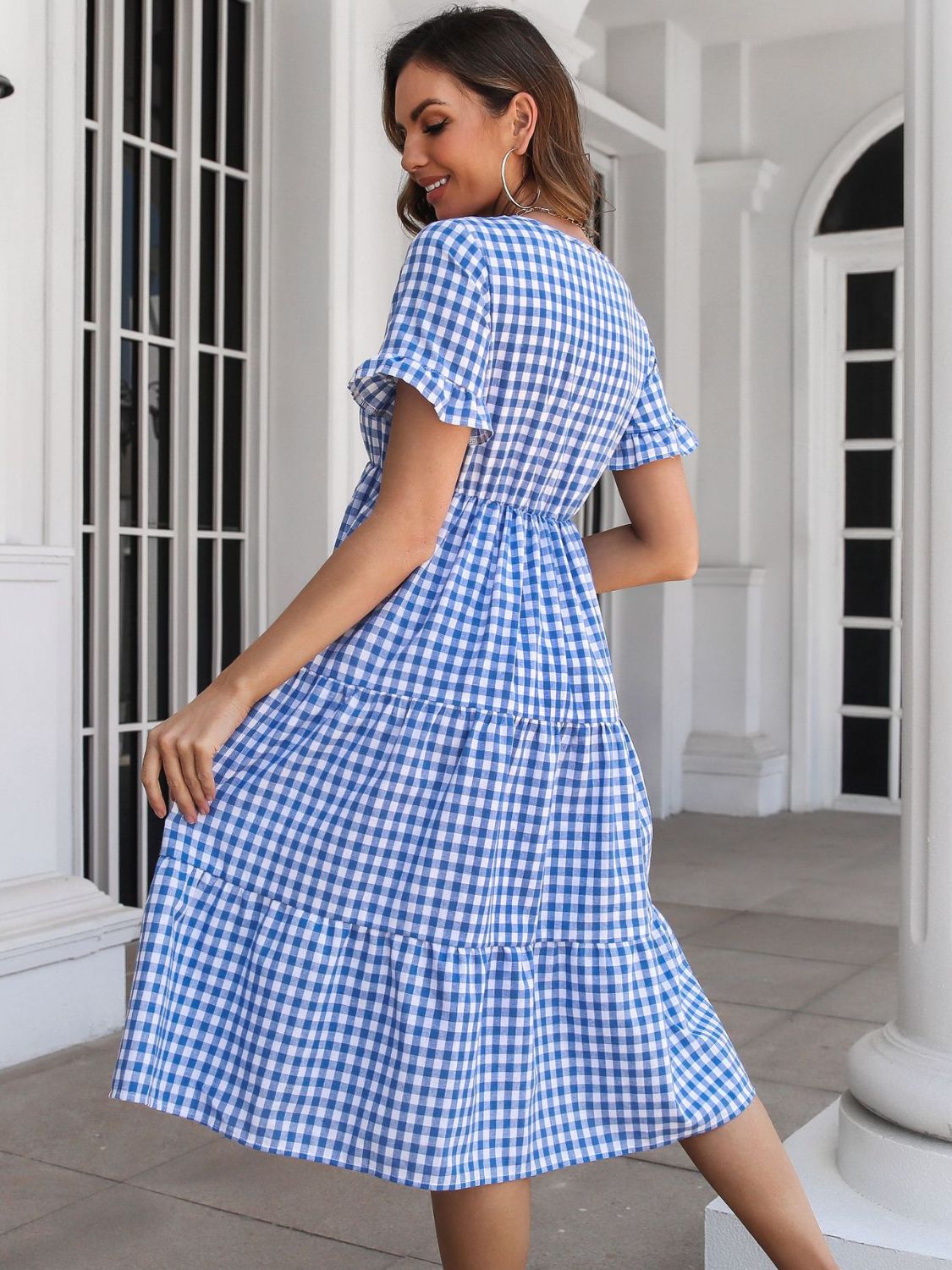 Plaid V-Neck Short Sleeve Midi Dress - Charming Charlie