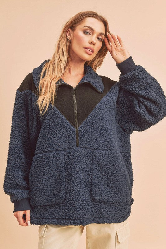 Aemi+Co Two Tone Half Zip Fleece Sweatshirt - Charming Charlie