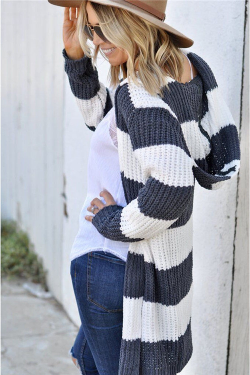 Contrast Stripes Open Front Long Sleeve Cardigan - Charming Charlie