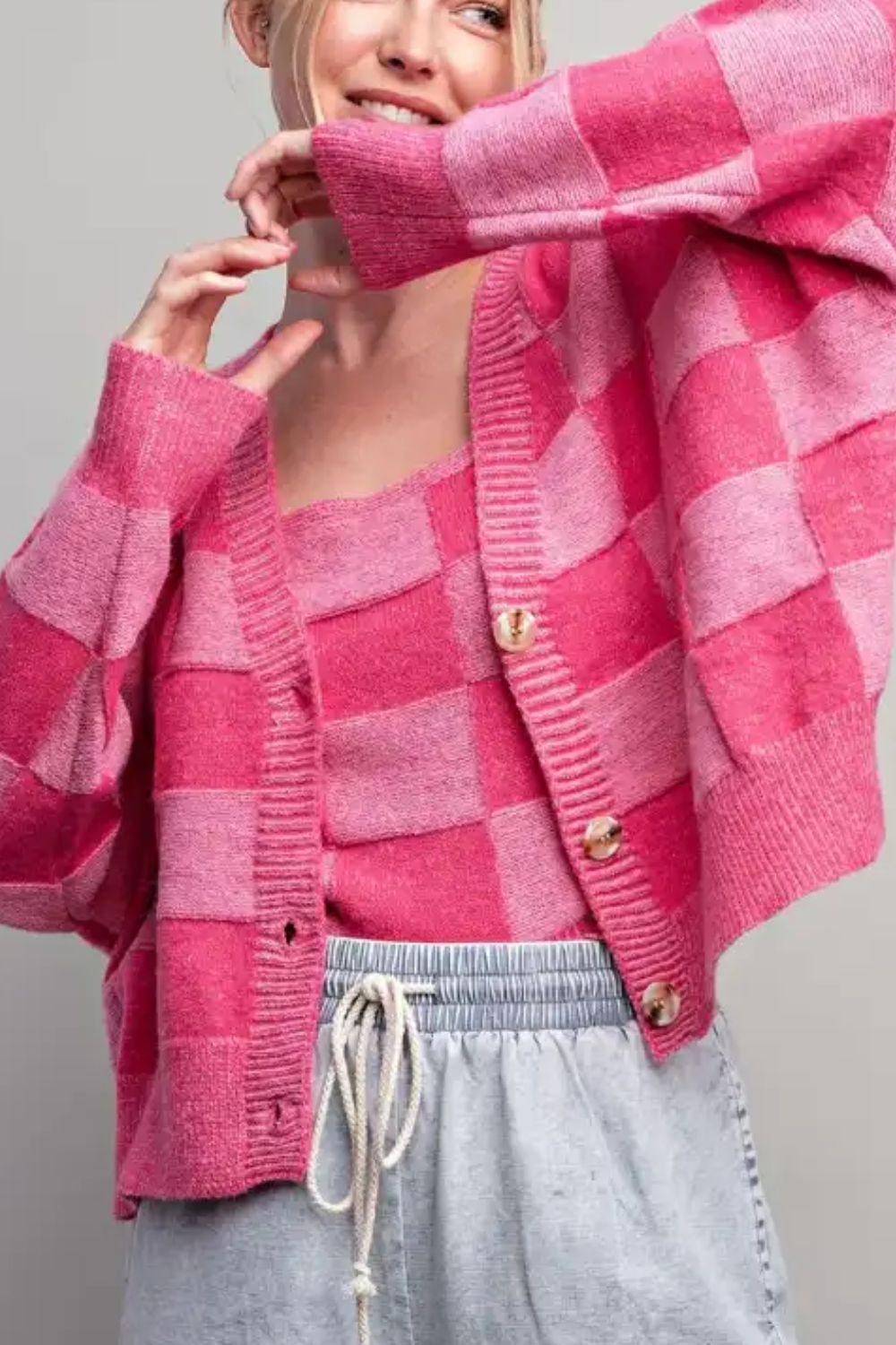 Checkered V-Neck Long Sleeve Cardigan - Charming Charlie