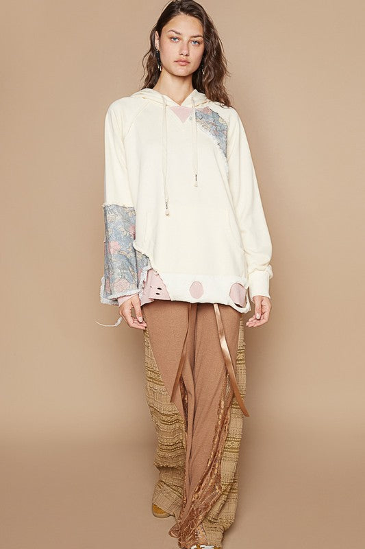 POL Floral Patchwork Distressed Drawstring Hoodie - Charming Charlie