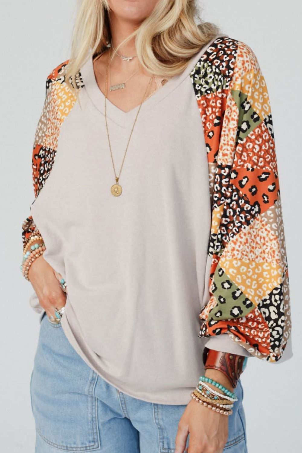 Leopard Contrast V-Neck Long Sleeve Blouse - Charming Charlie