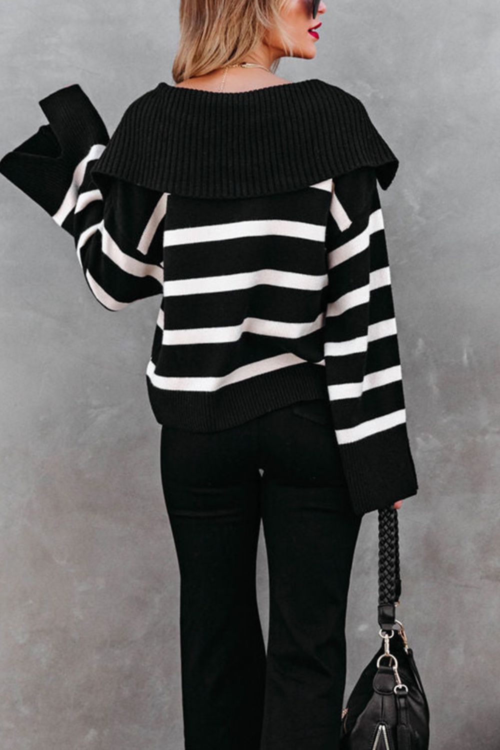 Striped Johnny Collar Long Sleeve Sweater - Charming Charlie