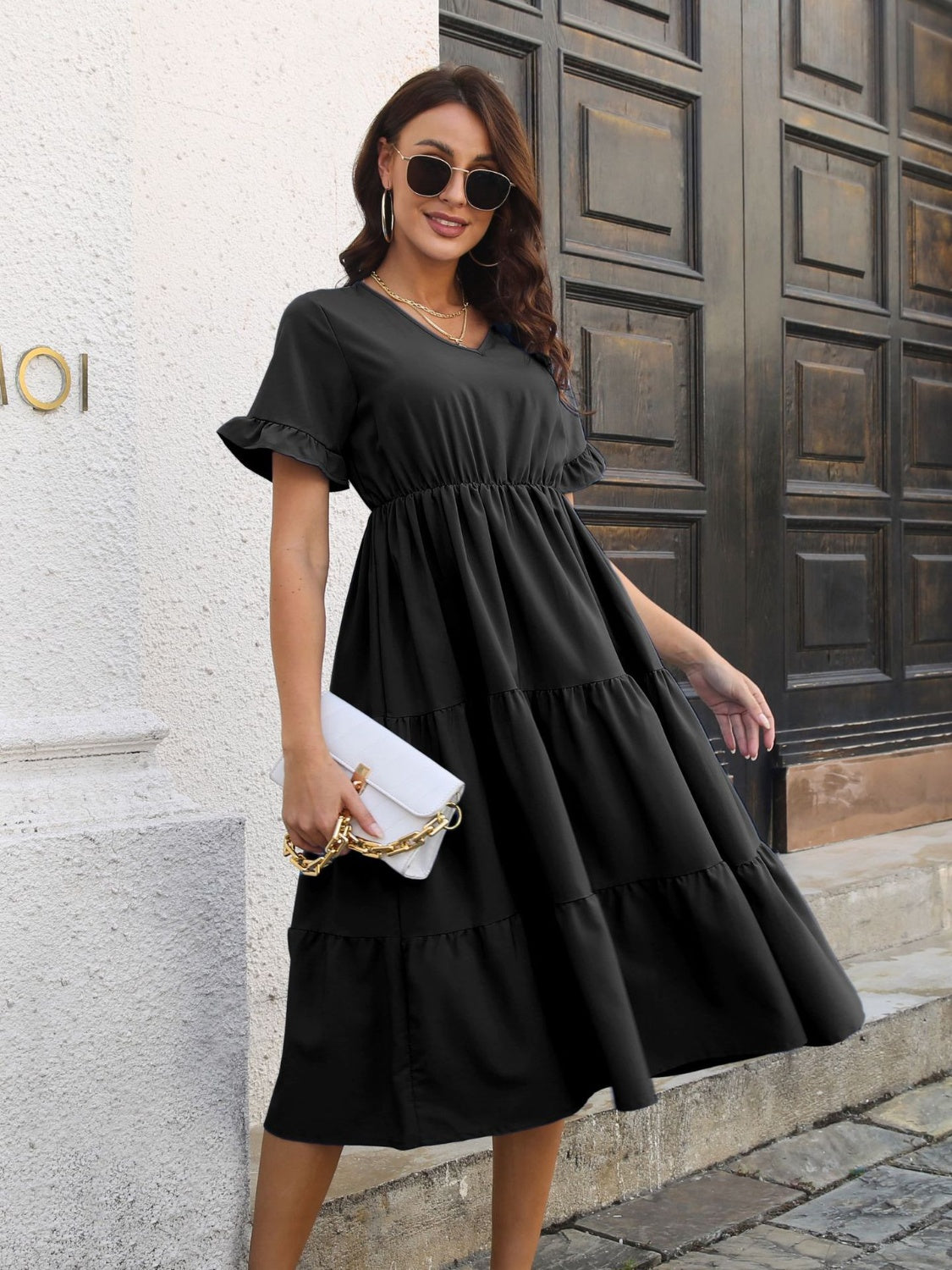 V-Neck Short Sleeve Midi Dress - Charming Charlie