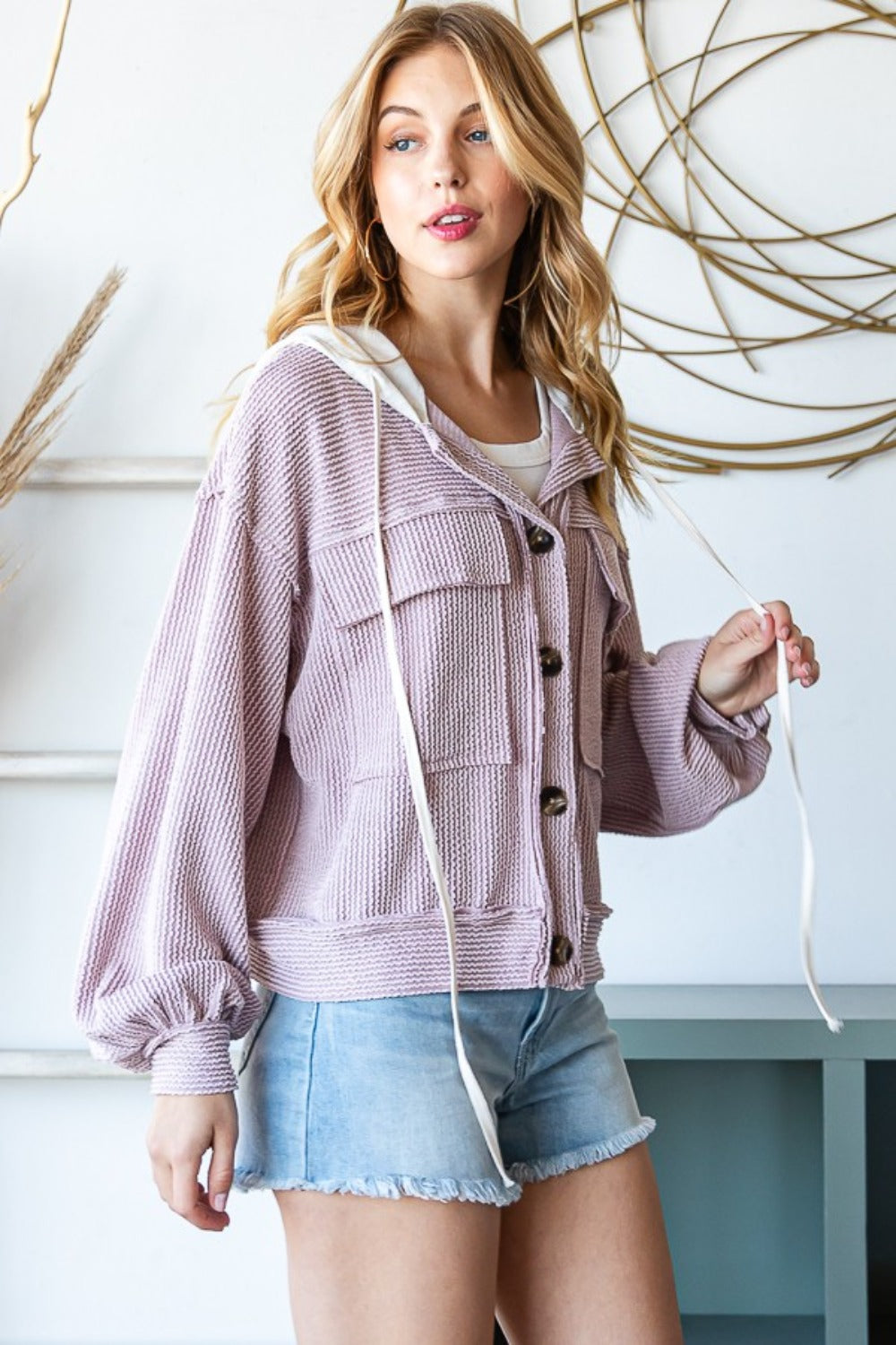 Reborn J Contrast Hooded Button Down Ribbed Jacket - Charming Charlie