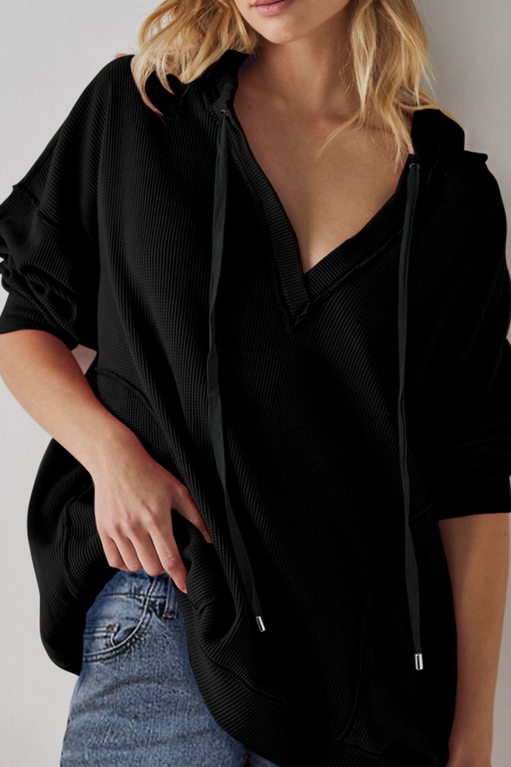 Exposed Seam Drawstring Long Sleeve Hoodie - Charming Charlie