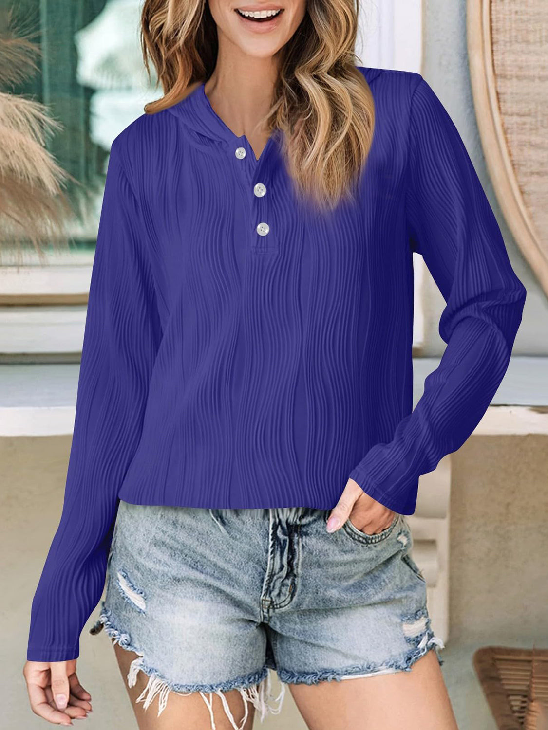 Textured Long Sleeve Hoodie - Charming Charlie