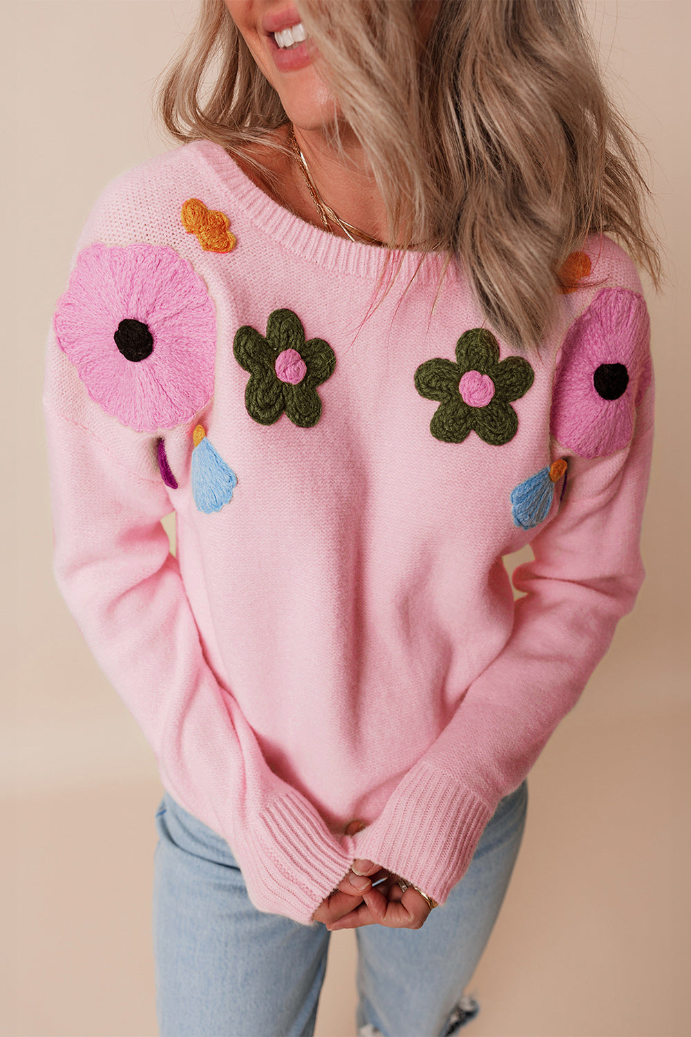 Crochet Flower Round Neck Dropped Shoulder Sweater - Charming Charlie