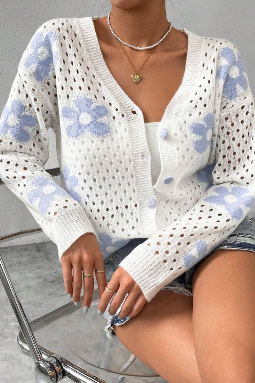 Flower Hollowed Out Button Down Long Sleeve Cardigan - Charming Charlie
