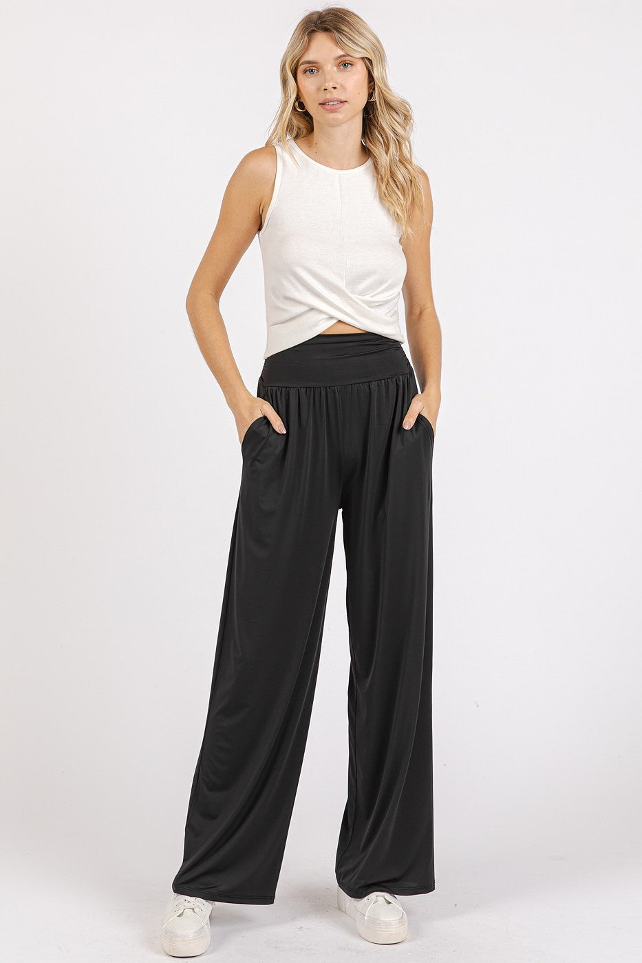 Mittoshop Stretch Banded Waist Wide Leg Pants with Pockets - Charming Charlie