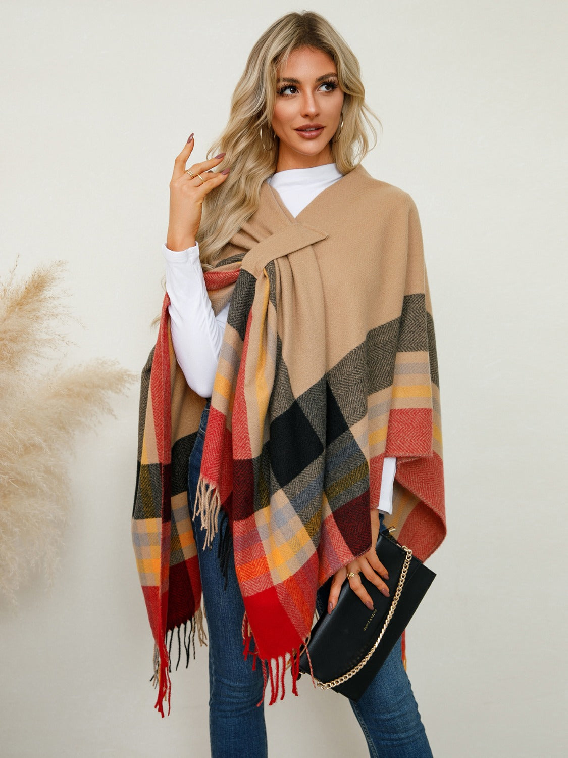 Fringe Contrast Plaid Poncho - Charming Charlie