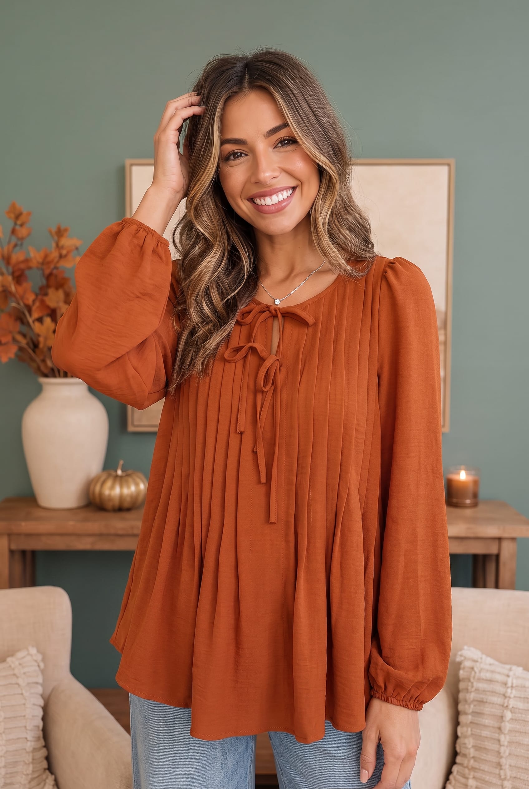 Sipping Apple Cider Tie Neck Blouse - Charming Charlie