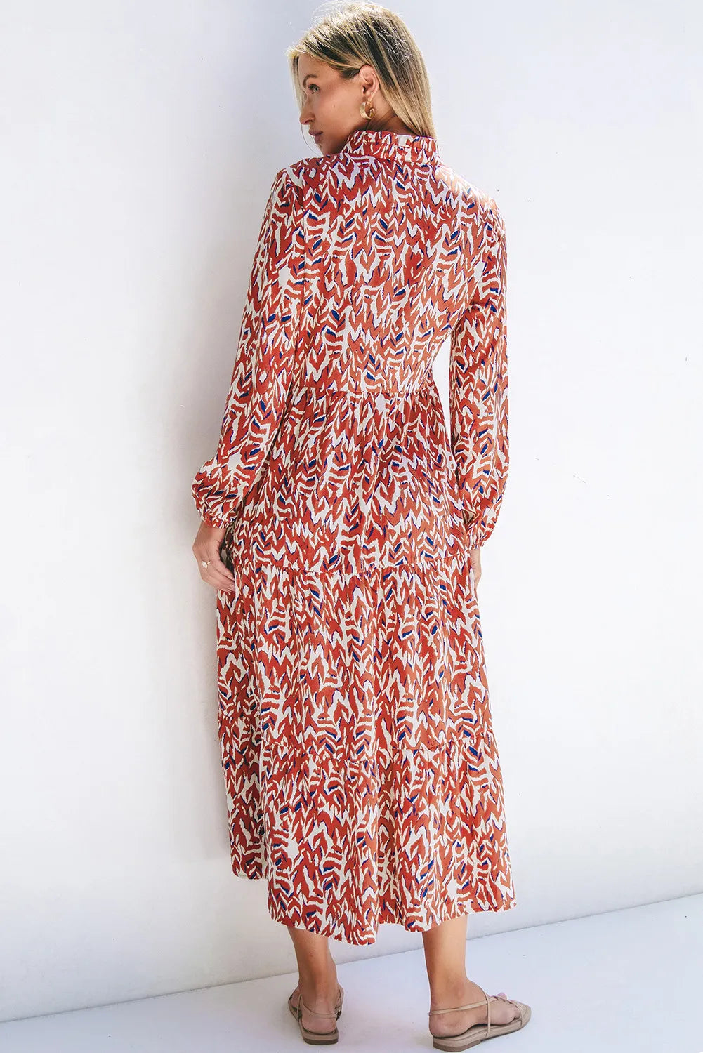 Printed Notched Long Sleeve Dress - Charming Charlie