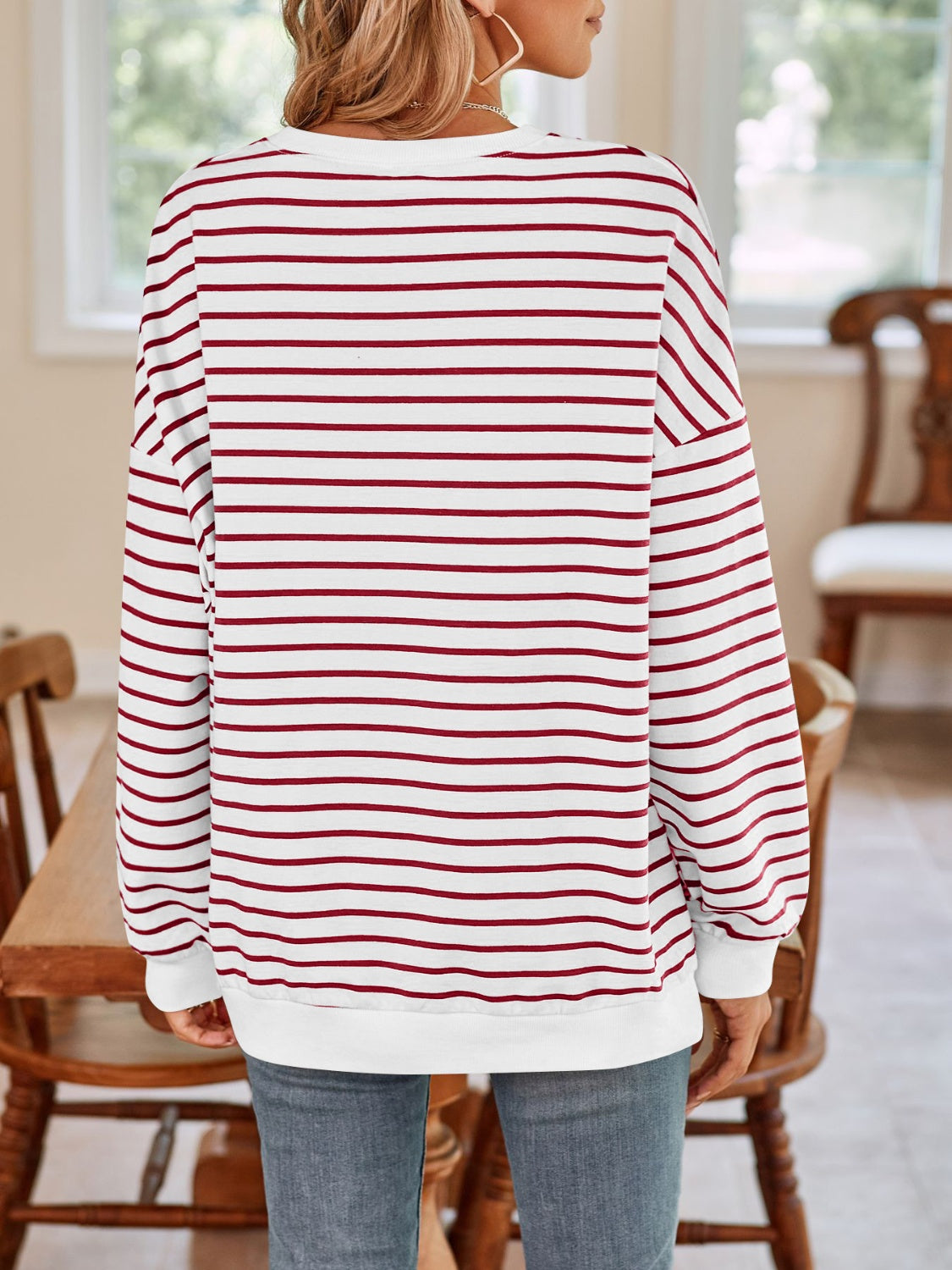 Striped Round Neck Long Sleeve Sweatshirt - Charming Charlie